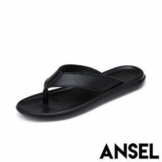 ANSEL 真皮拖鞋 人字拖鞋/真皮純色素面百搭經典人字拖鞋-男鞋(黑)  ANSEL