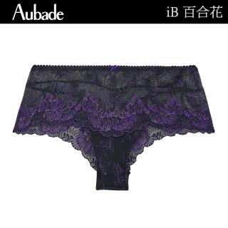 Aubade 百合花刺繡蕾絲平口褲 性感小褲 法國進口 女內褲(iB-黑紫花) 推薦  Aubade