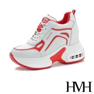 HMH 厚底休閒鞋 內增高休閒鞋/厚底皮面幾何拼接氣墊內增高休閒鞋(紅)  HMH