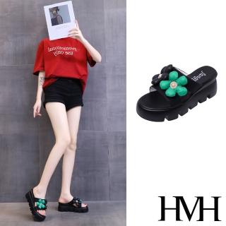 HMH 坡跟拖鞋 撞色拖鞋/立體撞色花朵造型坡跟拖鞋(黑)好評推薦  HMH