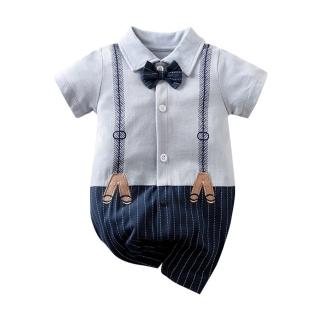 JoyNa 造型連身短袖包屁衣 童裝 嬰兒連身衣 灰藍紳士款(開扣設計/方便穿脫)好評推薦  JoyNa