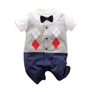 JoyNa 造型連身短袖包屁衣 童裝 嬰兒連身衣 格子紳士款(開扣設計/方便穿脫)  JoyNa