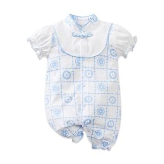 JoyNa 短袖包屁衣 短袖寶寶連身衣 淺藍花格款 嬰兒服(造型款.春夏短袖)  JoyNa