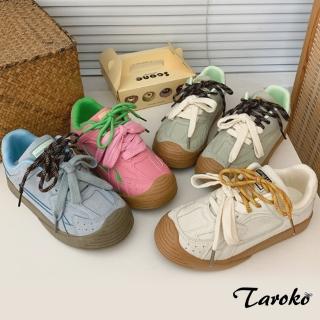 Taroko 日式原宿雙彩圓頭綁帶平底休閒鞋(4色可選) 推薦  Taroko