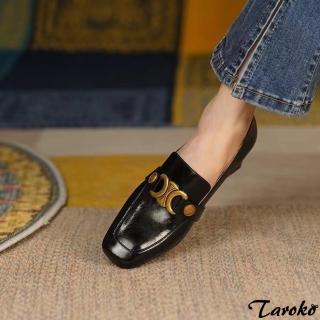 Taroko 金屬扣飾復古風方頭粗跟樂福鞋(2色可選)好評推薦  Taroko