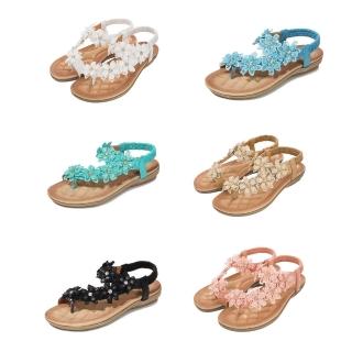 Taroko 花朵裝飾海灘風大尺碼夾腳平底鬆緊涼鞋(6色可選)  Taroko
