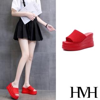 HMH 坡跟拖鞋 厚底拖鞋/舒適彈力飛織布面厚底坡跟拖鞋(紅)  HMH
