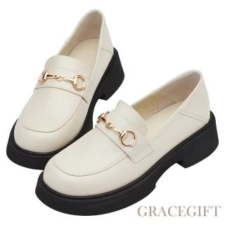 Grace Gift 圓頭馬銜扣中跟樂福鞋(杏)優惠推薦  Grace Gift