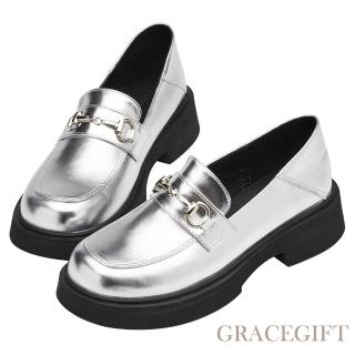 Grace Gift 圓頭馬銜扣中跟樂福鞋(銀)  Grace Gift