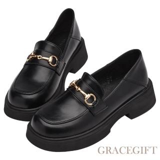 Grace Gift 圓頭馬銜扣中跟樂福鞋(黑)優惠推薦  Grace Gift