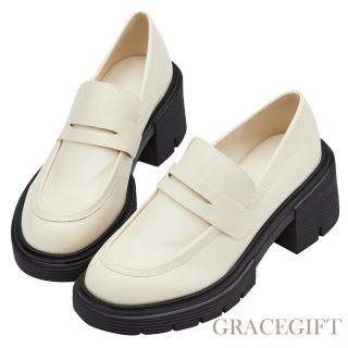 Grace Gift 便仕設計厚底中高跟樂福鞋(杏) 推薦  Grace Gift