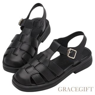 Grace Gift 圓頭寬帶魚骨編織涼鞋(黑)  Grace Gift