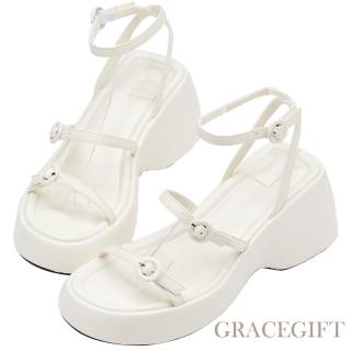 Grace Gift 甜美圓釦細帶Q彈厚底涼鞋(米白) 推薦  Grace Gift