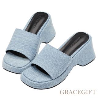Grace Gift 時髦圓方頭厚底拖鞋(牛仔) 推薦  Grace Gift