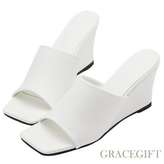 Grace Gift 氣質方頭厚底楔型拖鞋(白)  Grace Gift