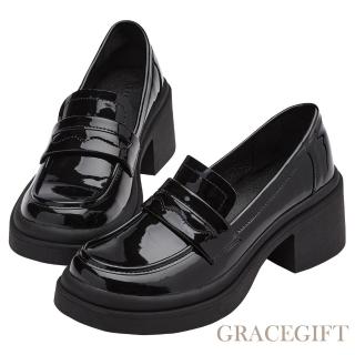Grace Gift 英倫甜心厚底中跟樂福鞋(黑漆)  Grace Gift