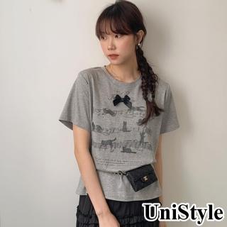 UniStyle 圓領短袖T恤 韓版蝴蝶結貓咪琴譜印花上衣 女 EAW959A(淺灰)  UniStyle