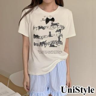 UniStyle 圓領短袖T恤 韓版蝴蝶結貓咪琴譜印花上衣 女 EAW959A(白)  UniStyle