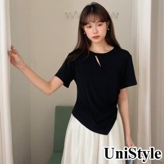 UniStyle 短袖T恤 韓版量感天絲不規則鏤空顯瘦上衣 女 EAX2400F(經典黑) 推薦  UniStyle