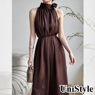 UniStyle 掛脖無袖洋裝 韓版法式高級感仿醋酸緞面連身裙 女 UV5077(咖)  UniStyle