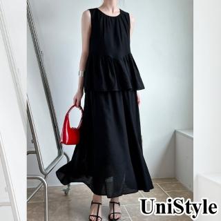 UniStyle 2件套裝後無袖背心娃娃裝上衣半身裙 韓版鬆弛感天絲輕薄 女 UV3231(高級黑)  UniStyle