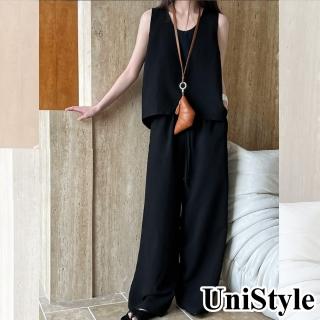 UniStyle 2件套裝後開叉無袖背心闊腿長褲 韓版歐妮風 女 UV7075(黑)  UniStyle