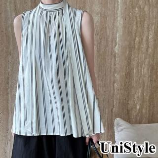 UniStyle 無袖襯衫 韓版條紋立領系帶高級感背心上衣 女 UV3218(條紋)優惠推薦  UniStyle