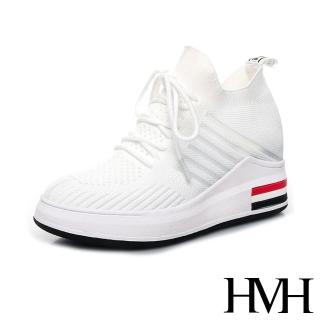 HMH 美腿內增高時尚飛織縷空綁帶設計造型厚底休閒鞋(白)  HMH