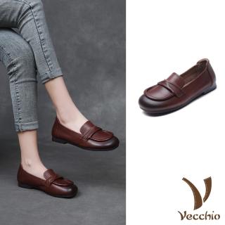 Vecchio 真皮樂福鞋 低跟樂福鞋/全真皮頭層牛皮簡約翻摺寬楦低跟樂福鞋(咖)  Vecchio