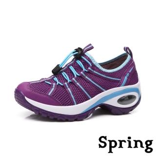 SPRING 撞色線條彈力拉繩透氣網布機能戶外氣墊徒步健走鞋(紫) 推薦  SPRING