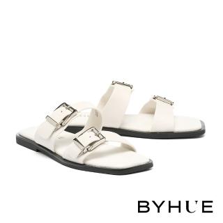 BYHUE 率性質感方釦雙寬帶牛皮軟芯方頭平底拖鞋(白)好評推薦  BYHUE