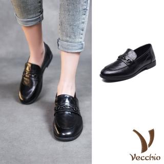 Vecchio 真皮樂福鞋 低跟樂福鞋/全真皮頭層牛皮個性馬銜釦飾低跟樂福鞋(黑)  Vecchio