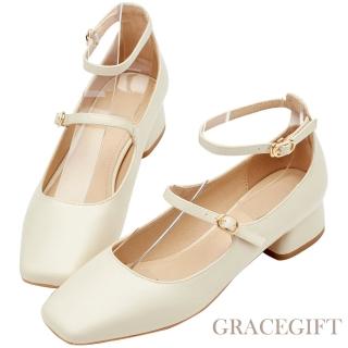 Grace Gift 復古方頭雙帶中跟芭蕾瑪莉珍鞋(米白)優惠推薦  Grace Gift