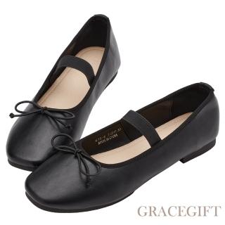 Grace Gift 浪漫圓頭蝴蝶結平底芭蕾舞娃娃鞋(黑)好評推薦  Grace Gift