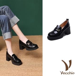 Vecchio 真皮跟鞋 粗跟跟鞋/全真皮頭層牛皮寬楦方頭粗高跟鞋(黑) 推薦  Vecchio
