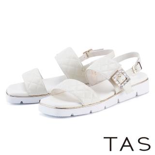 TAS 水鑽飾釦菱格縫線真皮厚底涼鞋(米白)  TAS