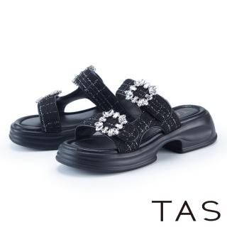TAS 混織毛呢方鑽飾釦厚底拖鞋(黑色)  TAS