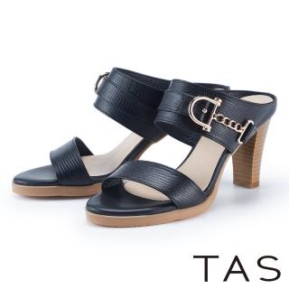 TAS 雙帶壓紋牛皮高跟涼拖鞋(黑色)  TAS