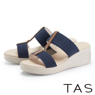 TAS 撞色雙寬帶楔型厚底拖鞋(藍色)好評推薦  TAS