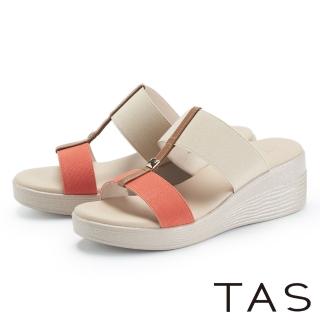 TAS 撞色雙寬帶楔型厚底拖鞋(米色)好評推薦  TAS