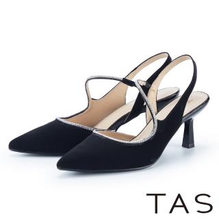 TAS 鑽條繞踝尖頭真皮後空高跟鞋(黑色)優惠推薦  TAS