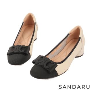 SANDARU 山打努 跟鞋 真皮小方頭造型蝶結軟底低跟包鞋(米)  SANDARU 山打努