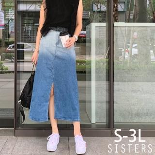 SISTERS 現貨 拉長比例的漸層刷色彈力牛仔裙 長裙/S-3L(新品/女長裙/裙裝/裙子/牛仔長裙/丹寧/顯瘦)  SISTERS