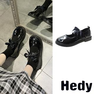 Hedy 圓頭娃娃鞋 綁帶娃娃鞋/甜美學院風小圓頭綁帶造型休閒娃娃鞋(漆皮黑)  Hedy