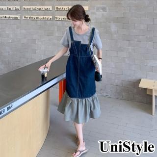 UniStyle 假兩件短袖洋裝 韓系荷葉邊拼接牛仔連身裙 女 ZM131-9971(圖片色)  UniStyle