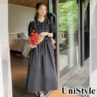 UniStyle 短袖洋裝 韓系木耳邊顯瘦小黑裙連身裙 女 ZM166-2395(黑)  UniStyle