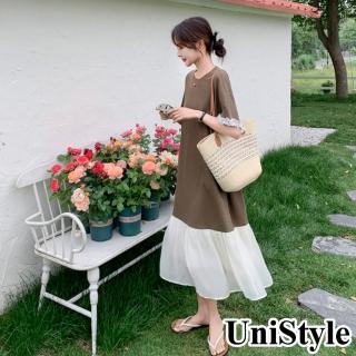 UniStyle 短袖洋裝 韓系復古魚尾拼接設計連身裙 女 ZM297-761(咖)  UniStyle