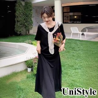 UniStyle 短袖洋裝 韓系蕾絲披肩顯瘦T恤裙 女 ZM131-5955(黑)  UniStyle