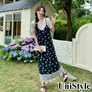 UniStyle 2件套裝短袖T恤碎花蕾絲拼接吊帶裙 女 ZM139-7076(套裝)  UniStyle