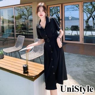 UniStyle 翻領短袖洋裝 韓系純色連身裙襯衫裙 女 ZM151-1361(黑)  UniStyle